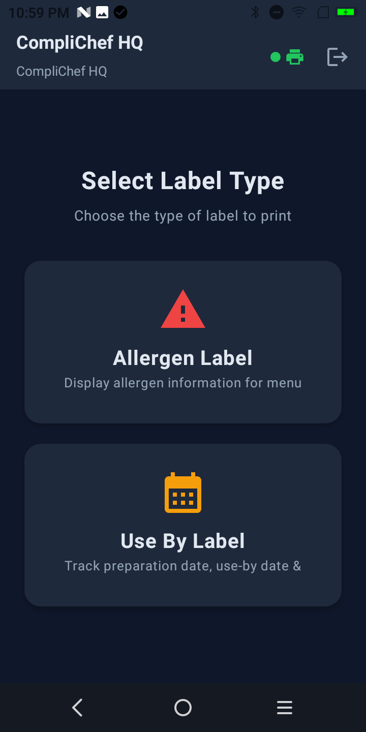 CompliChef Label Printer App on Sunmi V2